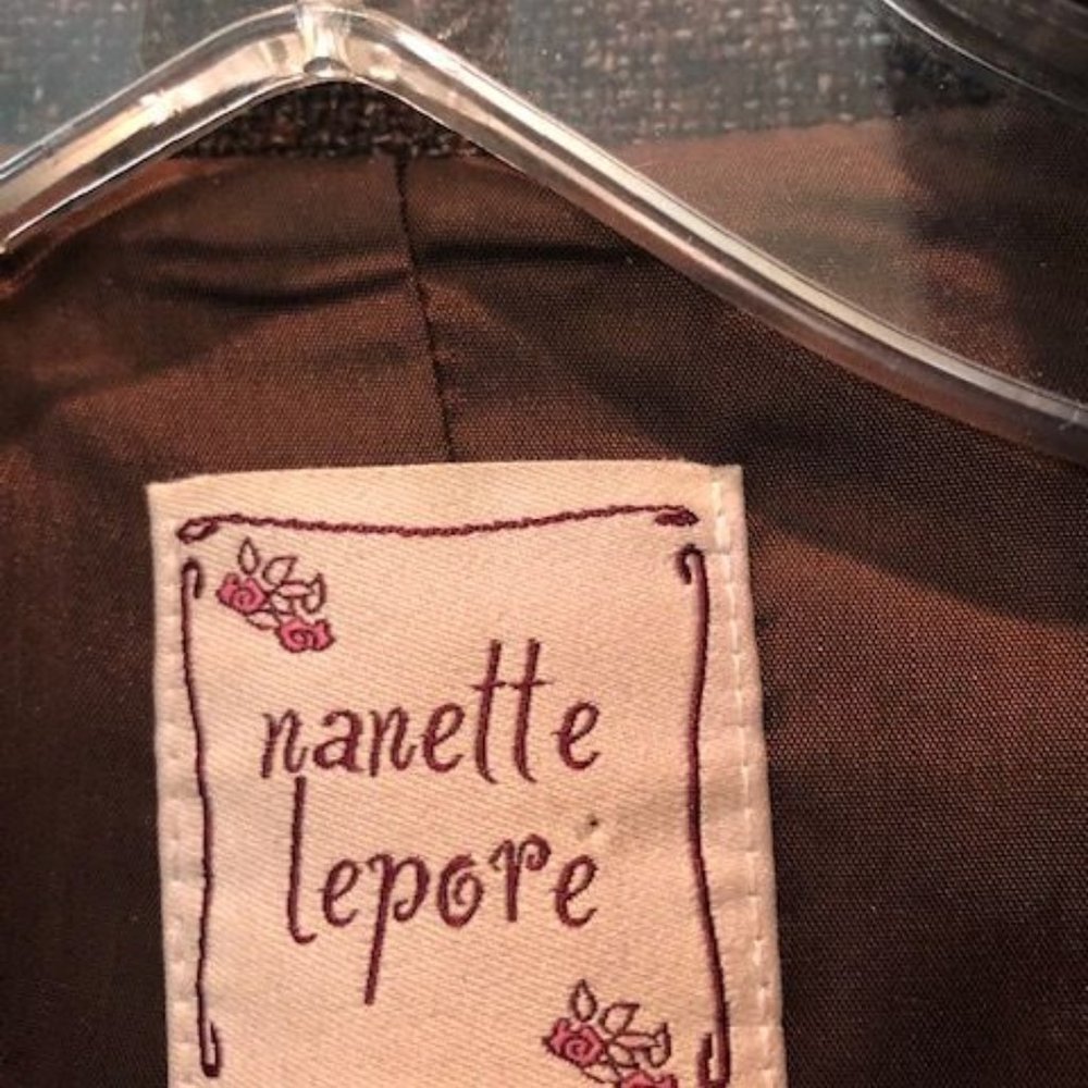 Nanette Lepore brown tweed pantsuit with velvet trim